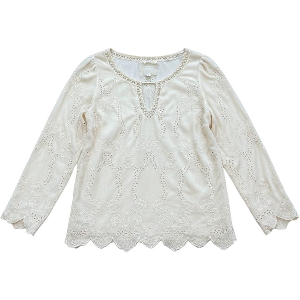 Johnny Was Love Silk Blend Velvet Top S Eyelet Embroidered Blouse Ivory Crochet